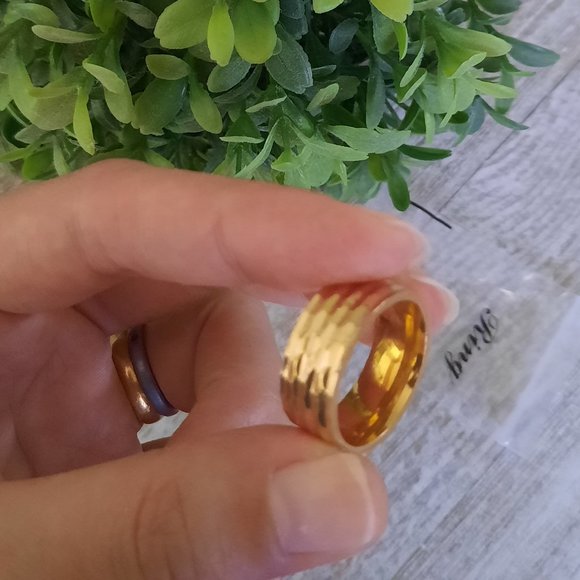 Gold-Plated, Stainless Steel Wide Band Wedding Ring - Multi Faceted Size 7 - Picture 7 of 15